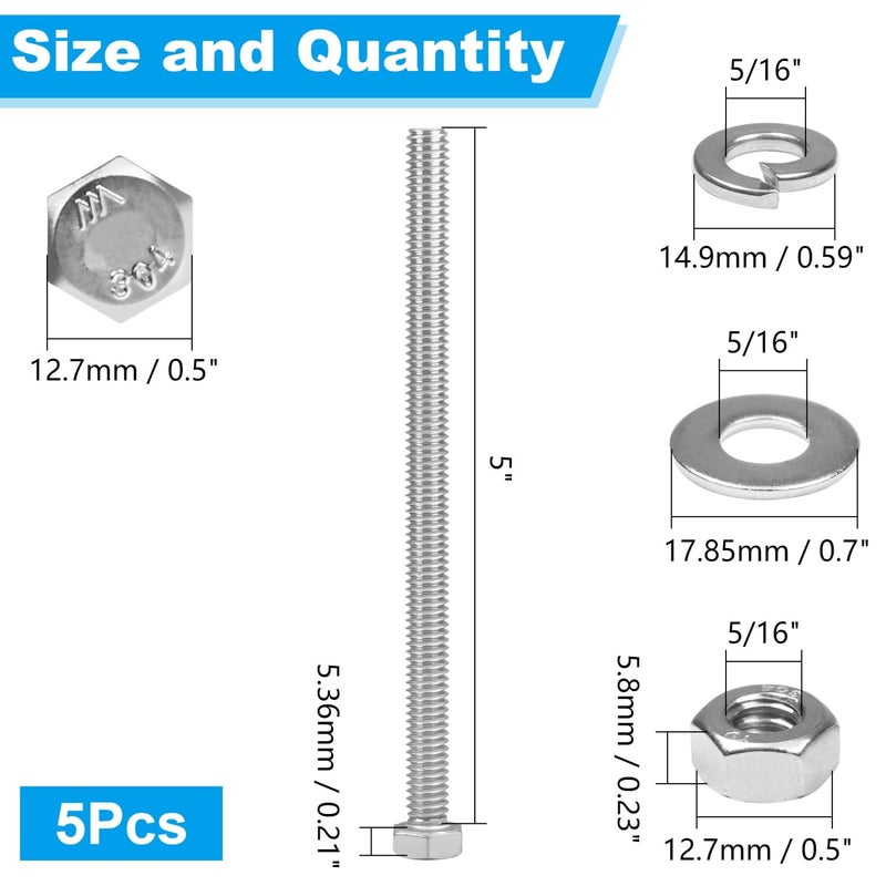 Yinpecly 5 Sets 5/16-18x5 Hex Head Screw Bolt, Nuts, Flat & Lock Washers, Stainless Steel 304, Machine Fully Thread Hex Bolts, Bright Finish Hexagon Bolt, Nuts and Bolts Assortment Kit - Image 2